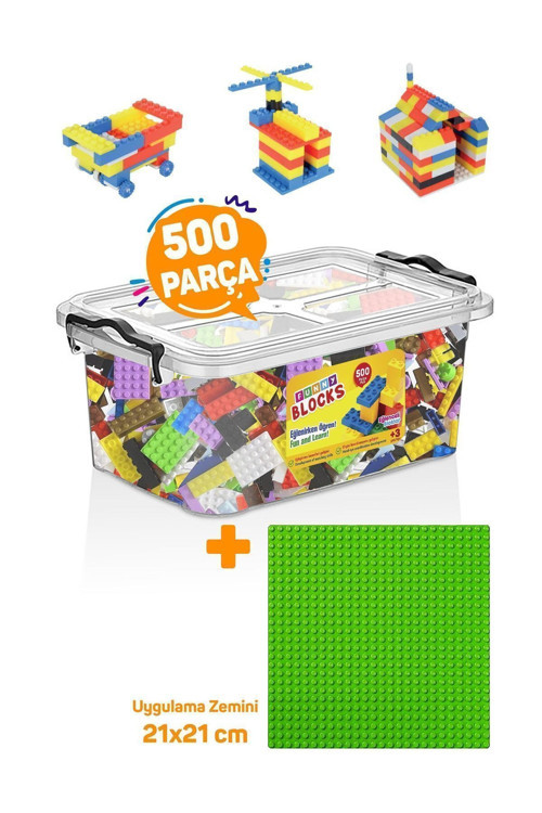 Yeşil Uygulama Zeminli Mikro Blok Funny Blocks 500 Parça Plastik Kutulu