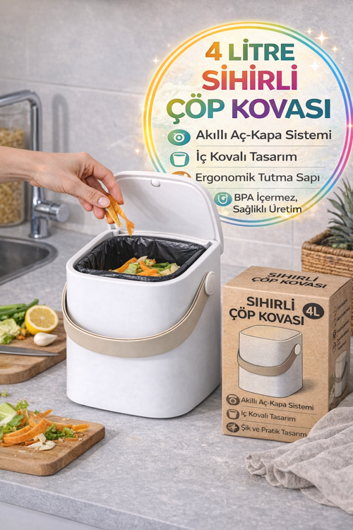 Beyaz Akıllı Kapaklı Tezgah Üstü Çöp Kovası İç Kovalı Tutma Saplı Pratik Mutfak Çöp Kutusu 4 Litre