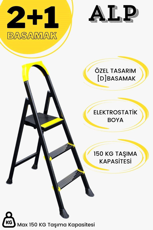 Karen Alp Siyah 2+1 Metal Basamaklı Katlanabilir Merdiven