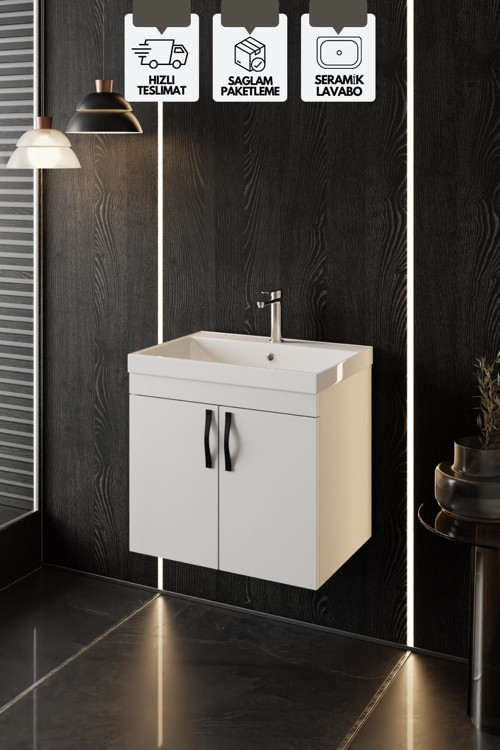 Ege 60 Cm, Lavabolu Alt Banyo Dolabı, Kapaklı Banyo Alt Dolabı, Seramik Lavabo Dahil
