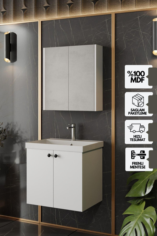 Mimoza 60 Cm Mdf,lavabolu,aynalı Banyo Dolabı Seti,seramik Lavabo Dahil Beyaz Mdf