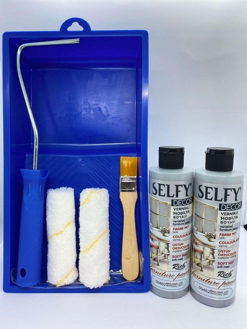 Selfy Decor Kendinden Vernikli Mobilya Boyası 240 Cc Marjinal Gri 2x + Boyama Rulo Seti