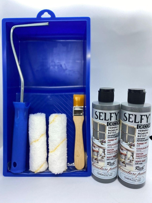 Selfy Decor Kendinden Vernikli Mobilya Boyası 240 Cc Royal Gri 2x + Boyama Rulo Seti