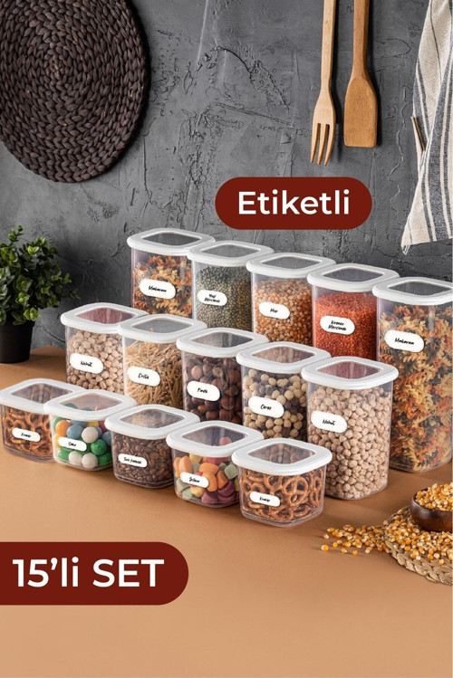 15li Etiketli Foly Kare Erzak Saklama Kabı Seti 5x(0,55 Litre, 1,2 Litre, 1,75 Litre) Beyaz