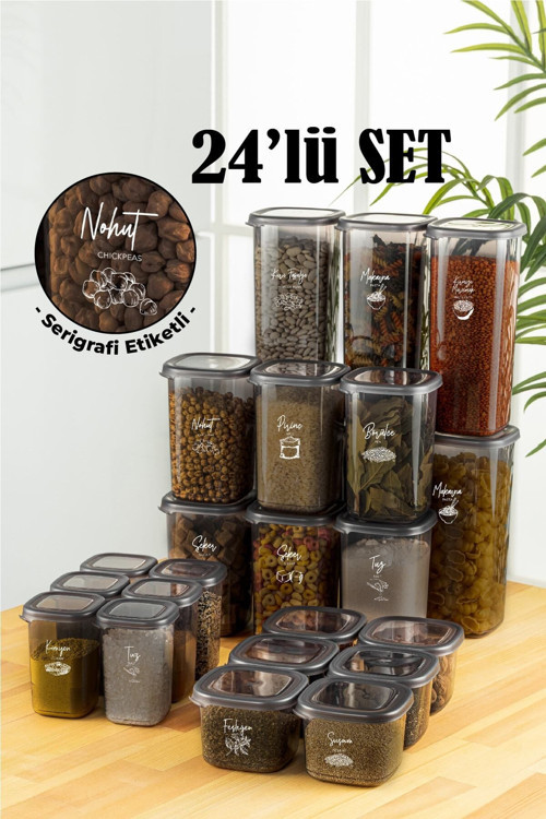 24lü Beyaz Serigrafi Etiketli Peggy Kare Erzak ve Baharat Full Set 6x(1,75 1,2, 0,55, 0,45) Ant