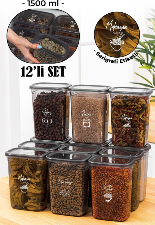 Beyaz Serigrafi Etiketli 12li Peggy Dikdörtgen Saklama Kabı Seti 1500 Ml Antrasit