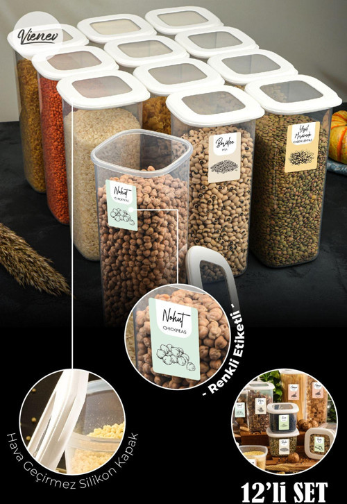 Renkli Etiketli 12'li Set Büyük Boy 1,75 Litre Etiketli Kare Erzak Saklama Kabı