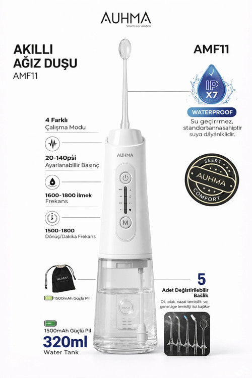 Auhma AMF11 Akıllı Şarjlı Ağız Duşu - 320ml Su Haznesi, 4 Modlu, Diş Temizleme Cihazı