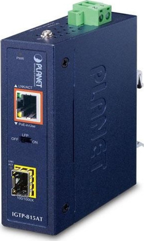 Industrial Compact 100/1000BASE-X to 10/100/1000BASE-T 802.3at PoE+ Media Converter