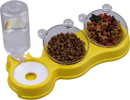 Çift Hazneli- 3' lü Beslenme Mama ve Su Kabı Sarı 500ml 36*21*16 cm