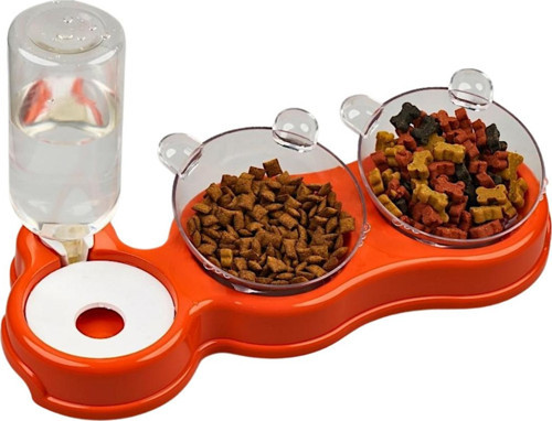 Çift Hazneli- 3' lü Beslenme Mama ve Su Kabı Turuncu 500 ml 36*21*16 cm