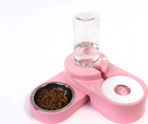 Köşeli Ayarlanabilir Hazneli Çelik Taslı Kedi-Köpek Mama Ve Su Kabı Seti 1000ml Pembe