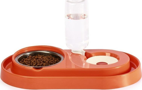 Çelik Taslı LÜX Hazneli Kedi-Köpek Mama Ve Su Kabı Seti 500ml Turuncu