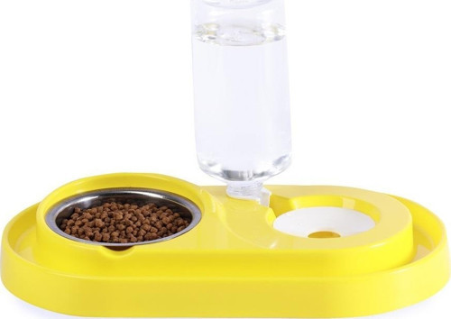 Çelik Taslı LÜX Hazneli Kedi-Köpek Mama Ve Su Kabı Seti 1000ml Sarı
