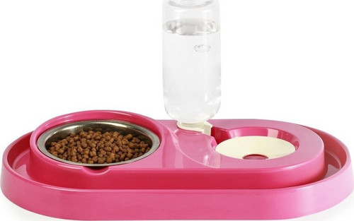 Çelik Taslı LÜX Hazneli Kedi-Köpek Mama Ve Su Kabı Seti 500ml Fuşya