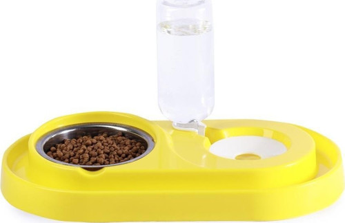Çelik Taslı LÜX Hazneli Kedi-Köpek Mama Ve Su Kabı Seti 500ml Sarı