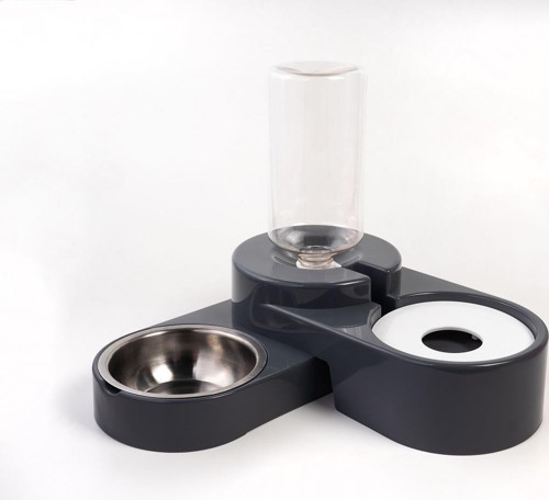 Köşeli Ayarlanabilir Hazneli Çelik Taslı Kedi-Köpek Mama Ve Su Kabı Seti 1000ml Gri