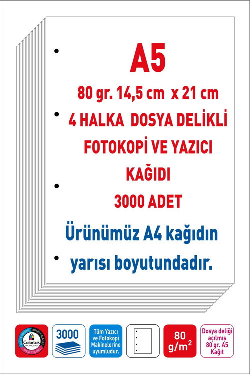 Eser Matbaa Eser 4 Delikli Navigator Marka A5 Fotokopi Yazıcı Kağıdı 80 Gr. 3000 Adet