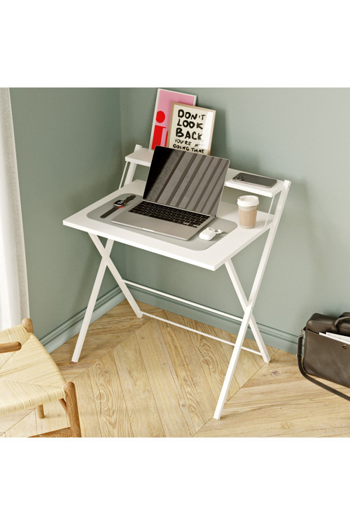 Dobo Metal Ayaklı Laptop Masası, Katlanır Çalışma Masası, Laptop Sehpası Beyaz-Beyaz