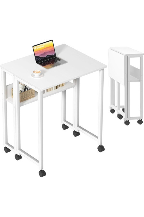 Sidney Kitaplık Raflı Katlanır Masa 70 cm Tekerli Bilgisayar Masası Laptop Masası Beyaz - Beyaz