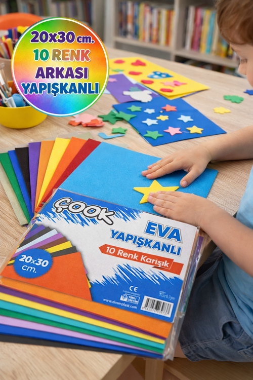 EVA Yapışkanlı Renkli Fon Kartonu 20x30 cm 10’lu Set Hobi Okul El İşi Köpük Kağıt