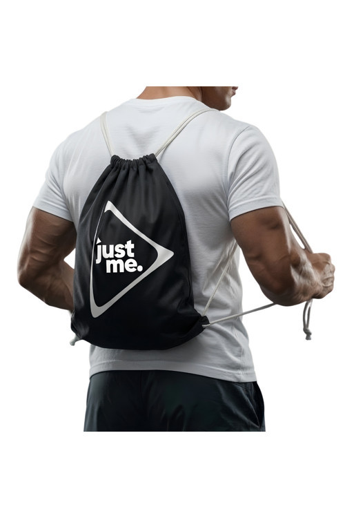 Just İpli Bez Spor Çantası Siyah Büzgülü Sırt Çantası Beyaz Askılı Baskılı Spor Çantası