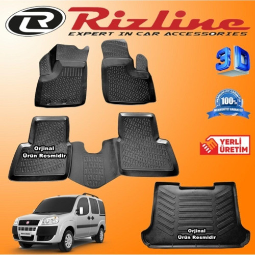 FİAT DOBLO 1 RİZLİNE 3D Paspas + RİZLİNE 3D Bagaj Havuzu 2001-2009 Arası Siyah SET