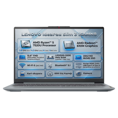 IdeaPad Slim 3 15AMN8 AMD Ryzen 5 7520U 8GB 512GB SSD 15.6" FHD Freedos Laptop 82XQ00RWTX
