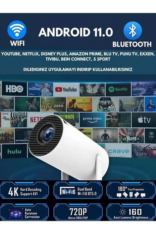 Taşınabilir Sinema Projektörü Ev Sineması Bluetooth Android 11 Projeksiyon Cihazı