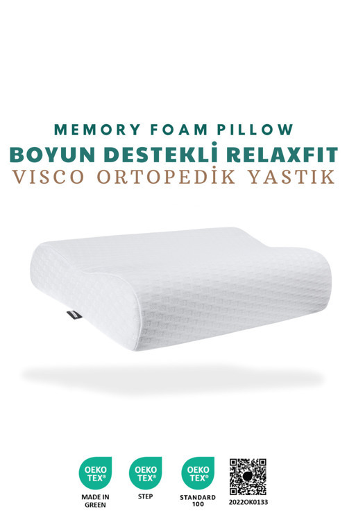 Relaxfit Çift Boyun Destekli Visco Ortopedik Yastık, 58x38x12/10cm, Beyaz