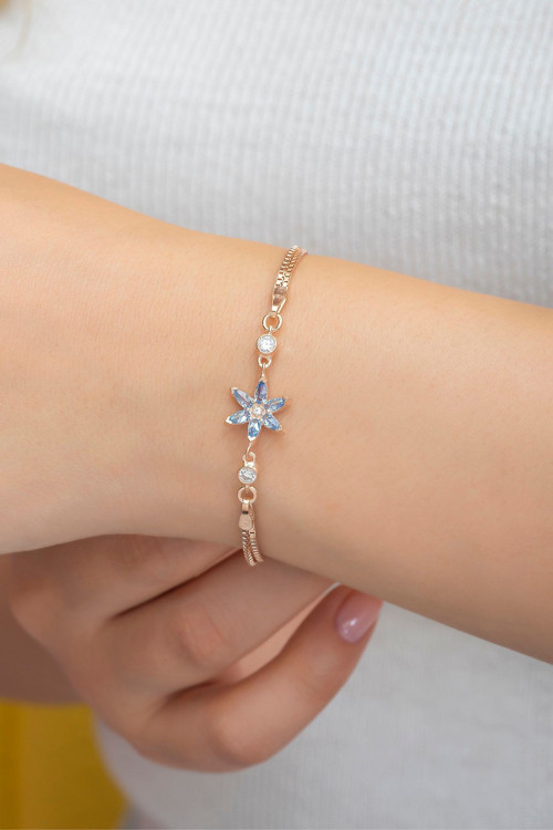 925 Ayar Aquamarin Taşlı Lotus Çiçeği Gümüş Bileklik