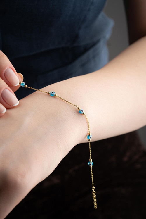 925 Ayar Gümüş Gold Kaplama 5'Lü Minik Nazar Bileklik