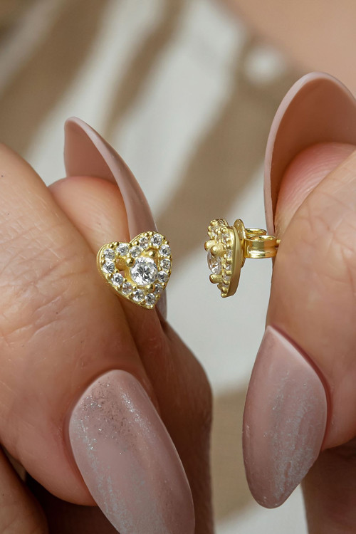 925 Ayar Gümüş Gold Kaplama Minik Tektaş Kalp Küpe