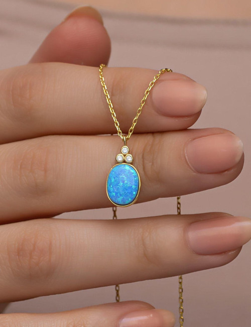 925 Ayar Gümüş Gold Kaplama Oval Mavi Opal Taşlı Kolye