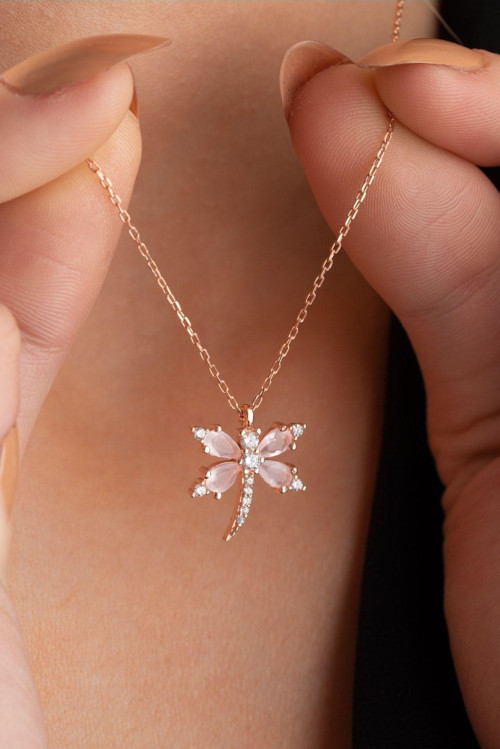 925 Ayar Gümüş Pembe Zirkon Taşlı Yusufcuk Model Şans Kolye