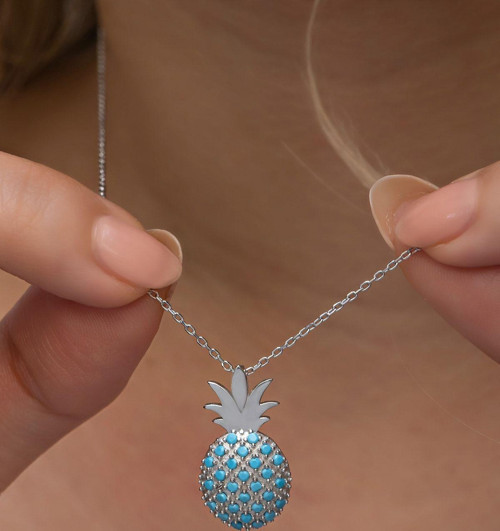 925 Ayar Gümüş Rodyum Kaplama Turkuaz Taşlı Ananas Kolye