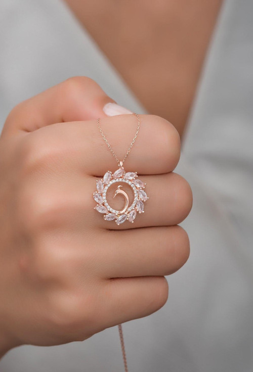 925 Ayar Gümüş Rose Zirkon Taşlı Anka Kuşu Kolye