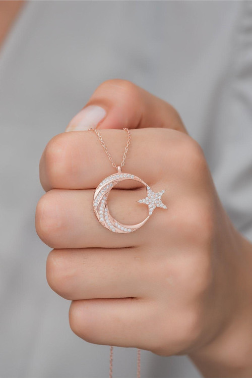 925 Ayar Gümüş Rose Zirkon Taşlı Ayyıldız Kolye