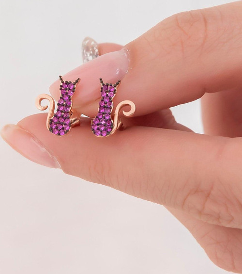925 Ayar Minik Pembe Kedi Küpe Kadın Gümüş Küpe