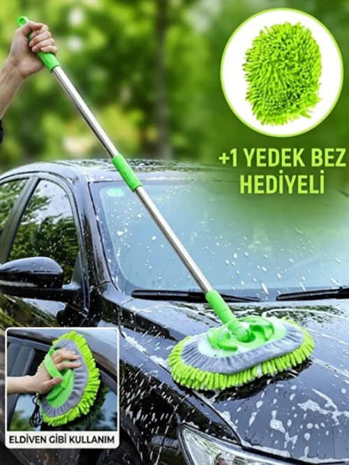 Araba Yıkama Fırçası Oto Yıkama Mop Mikrofiber Bezli Teleskopik Saplı 1 Yedek Bez Hediye