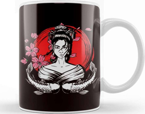 Japan Flag Geisha Fish Sakura Cherry Blossom Tree Japanese Kupa Bardak Porselen