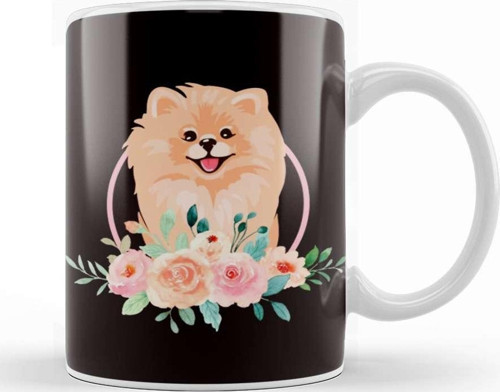 Pomeranian Flowers Pommy Pom Dog Breed German Spitz Puppy Kupa Bardak Porselen