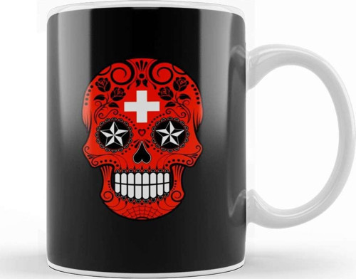 Lausanne With Switzerland Flag Swiss Flag Sugar Skull With Roses Kupa Bardak Porselen