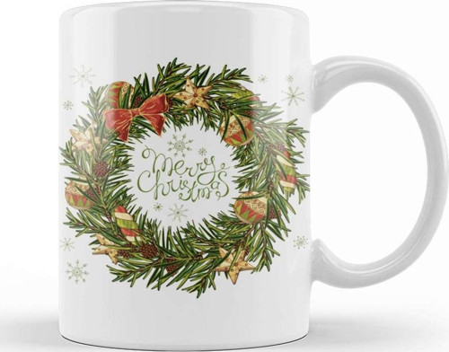 Yılbaşı Yeni Yıl Konseptli Wreath Gilf Merry Christmas 01 Kupa Bardak Porselen