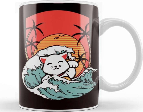 Cat Surfer Palm Tree Vacation Island Ocean Summer Hawaii Kupa Bardak Porselen