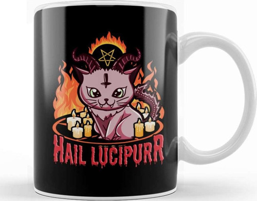 Cute & Funny Satanic Hail Lucipurr Rainbow Goth Kitten Kupa Bardak Porselen