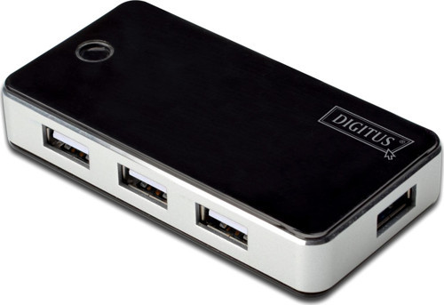 7 Port USB Hub, USB 2.0, siyah/gümüş renk, güç adaptörlü, plastik