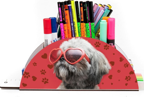 Ahşap Vip Gözlüklü Köpek Gökkuşağı Cetvelli Masaüstü Kalemlik Organizer Vip132