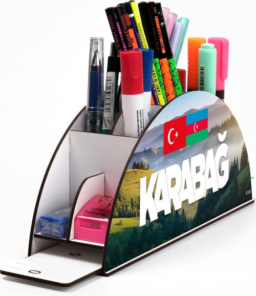 Ahşap Vip Türkiye-Azerbaycan Serisi Gökkuşağı Cetvelli Masaüstü Kalemlik Organizer Montajlı Kutulu