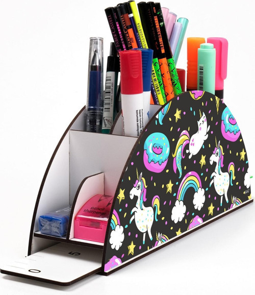 Ahşap Vip Unicornlar Model Gökkuşağı Cetvelli Masaüstü Kalemlik Organizer Montajlı Kutulu